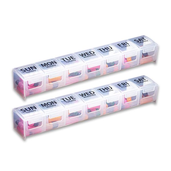 GMS Weekly Pill Organizer - 7-Day Labeled Compartment Pill Case for Supplements, Vitamins and Medication - Secure Latches - Ideal for Daily Use & Travel - Clear - 2 Pack