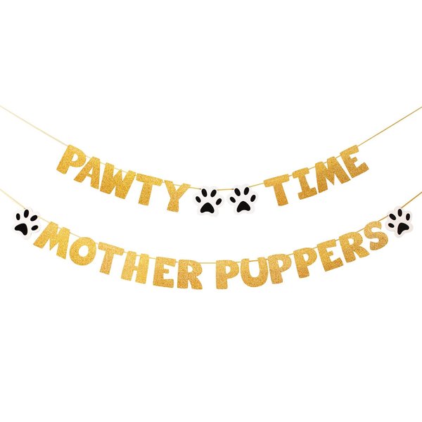 Pre-Strung Let's Pawty Dog Birthday Party Supplies - Pawty Time Mother Puppers - Funny Gold Glitter Puppy Dog Birthday Banner For Party Decorations Girl Boy - Cute Puppy Pets Paw Pennant Sign Deco