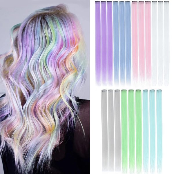 Colored Hair Extensions Sleekcute, 21 Pcs with Ice Cream Colors, Clip in Straight Synthetic Hairpieces 22Inch, Party Highlights Rainbow Hair Extensions for Kids, Women & Girls (7 Colors)