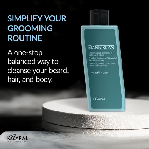 Kaaral Människan 3 in 1 Tonifying Shampoo & Shower Gel, 250ml - Cleanse Hair, Beard, and Body with Zeolite and Red Sandalwood