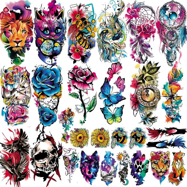 Aresvns 25 sheets Cute Watercolor Temporary Tattoo Long Lasting, 14 Sheets Roses Flower Butterfly Lion Fake Tattoos for Adults Shoulder Arm Hands, 11 Sheets Tiny tattoos