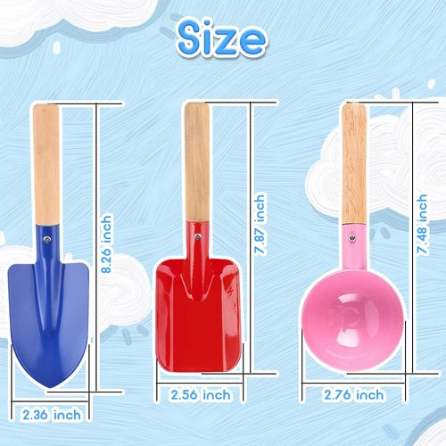 UMUACCAN 6 Piece Kids Beach Tools,Children Beach Sand Toys, Made of Metal with Sturdy Wooden Handle,Safe Beach Gardening Set,Spoon, Fork, Trowel, Rake & Shovel for Kids