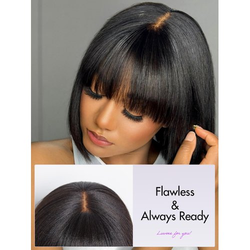 LUVME HAIR 10 Inch Light Yaki Straight Bob Wig with Bangs Human Hair Realistic HD Lace Short Black Bob Wigs, Ready to Go Blunt Cut Bob Wig Glueless 180 Density