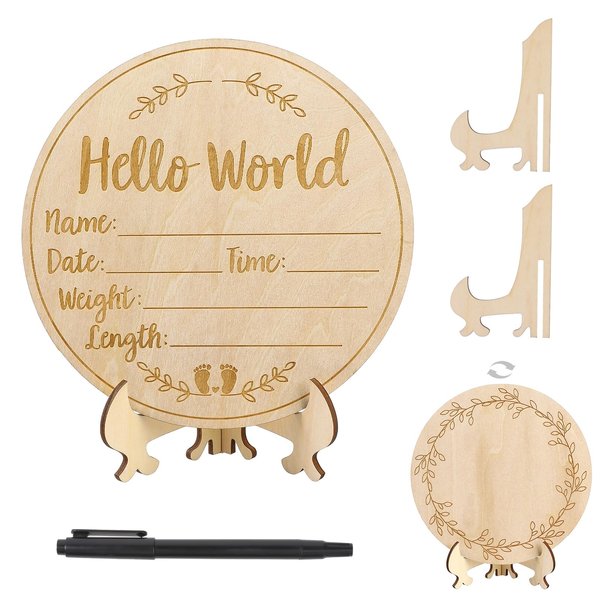 simarro Baby Announcement Sign, Wooden Hello World Newborn Sign with Pen and Rope, Baby Name Announcement Sign Newborn for Hospital Birth Photography Prop Baby Shower Nursery Gift(Bracket Placement)