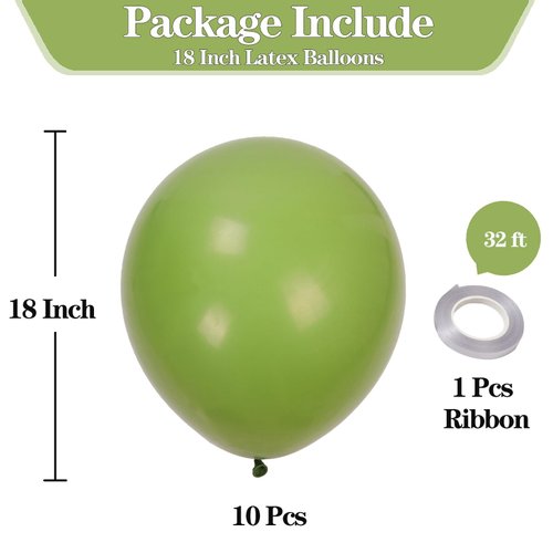 KALOR 18 Inch Sage Green Balloons, 10 Pcs Sage Green Matte Latex Balloons Big Round Balloons for Wedding, Baby Shower, Birthday Party and Event Decoration