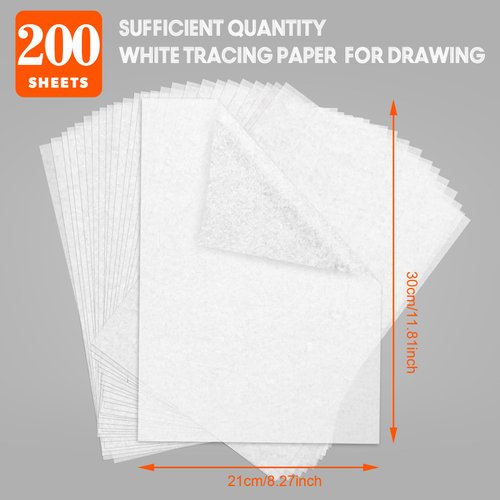 Transfer Paper Tracing Paper for Drawing Trace Paper - PSLER 200 Sheets White Translucent Tracing Paper with 3Pcs Pencil on Artist Lettering Sketch Drawing for Pencil Ink Markers A4 Size 8.5 X 11 Inch