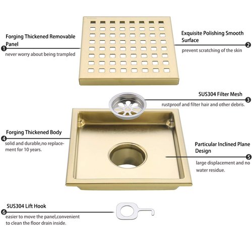 6-inch SUS304 Stainless Steel Square Shower Floor Drain with Tile Insert Grate Removable Multipurpose Invisible Look or Flat Cover,Brushed Stainless