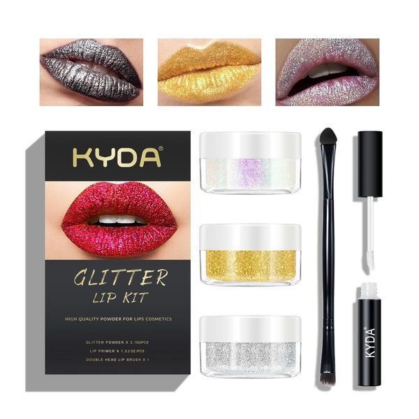 KYDA 3 Colors Glitter Lip Kit, Diamond Metllic High Pigmented Powder for Lips Cosmetics, Glitter Lips Makeup,with Lip Primer and Brush, Long Wear-Set D