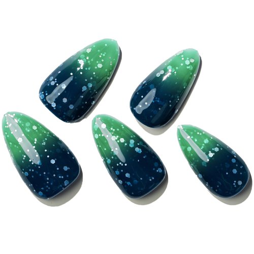 GLAMERMAID Thermochromic Press on Nails Medium-Handmade Short Almond Fake Nails Coffin with Star Glitter Design, Temperature Color Changing Blue Glue on Nails for Women, Acrylic False Nail Kit Tips