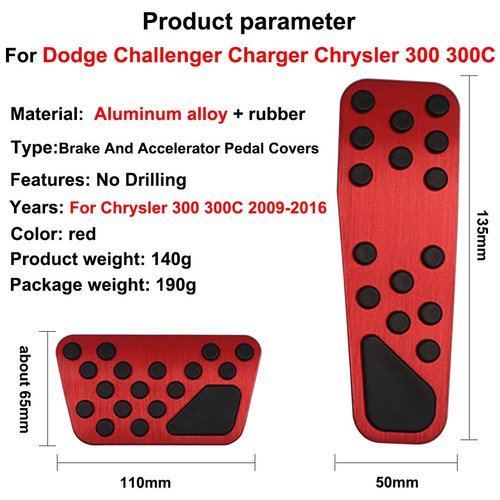 Hecotrax Aluminum Alloy Pedal Cover for Dodge Challenger 2009-2020 Charger 2010-2020 Chrysler 300 300C 2010-2016 No Drilling Aluminum Brake and Accelerator Pedal Covers (Red)