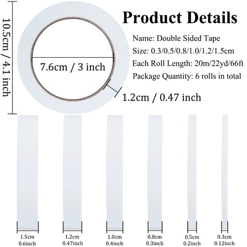 6 Rolls Double Sided Tape for Crafts, Multi-Size Double-Sided Adhesive Tape for Arts, Photography, Gift Box, Scrapbooking, Card Making, Paper Backing