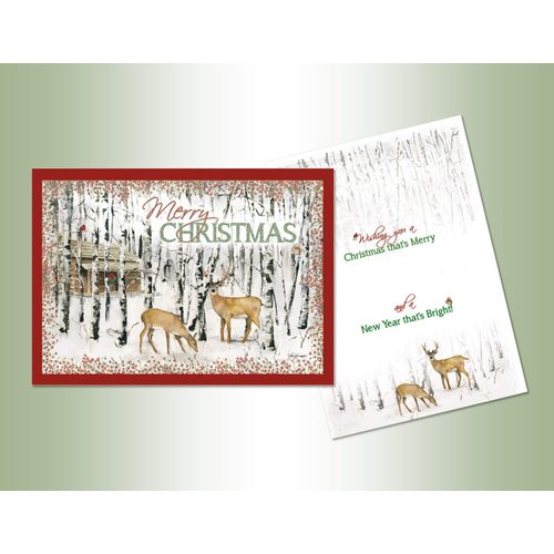 Performing Arts Boxed Christmas Cards with Glitter Embellishment, Full Color Inside Designs, Winter Birch and Deer Scene (14 glitter cards, 14 coordinating envelopes)