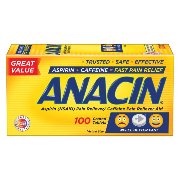 Anacin Fast Pain Relief, Aspirin + Caffeine Pain Reliever, 100 coated tablets