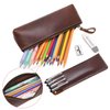 WONDERPOOL Leather 1pc Pencil Case & 1pc Fountain Pen Holder - Portable Compact Drawing Marker Pen Stationery Pouches for Office Travel Home Organizer (Coffee)