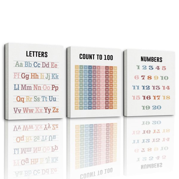 3 Pieces Canvas Wall Art, Nursery Decor, Kids Room Wall Decor, Educational Posters for Classroom & Kindergarten, Playroom Canvas Decor, Learning Chart Materials Letters, Count to 100, Numbers