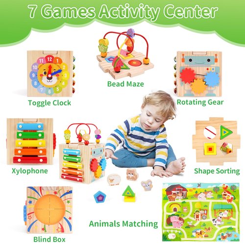 Toddler Wooden Activity Cube Toys, Montessori Toys for 1 2 3 Year Old Boy Girl, Educational Learning Toys for Toddlers 1-3 2-4 Years, Sensory Infant Toys First 1st 2st one two Christmas Birthday Gifts