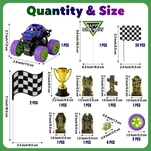 Haooryx Monster Truck Cake Toppers - 40Pcs Green and Purple Monster Truck Racing Car Cake Decoration Dessert Cupcake Cake Topper Christmas Winter Xmas New Year Birthday Party Baby Shower Decor Supplie