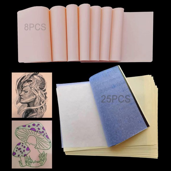 33PCS Tattoo Practice Skins with Transfer Paper, 25PCS Tattoo Stencil Paper&8PCS 2mm Thick Blank Tattoo Fake Skin, Double Sided Blank Soft Tattoo Skin Tattoo Stencil Paper for Tattoo Practice Supplies