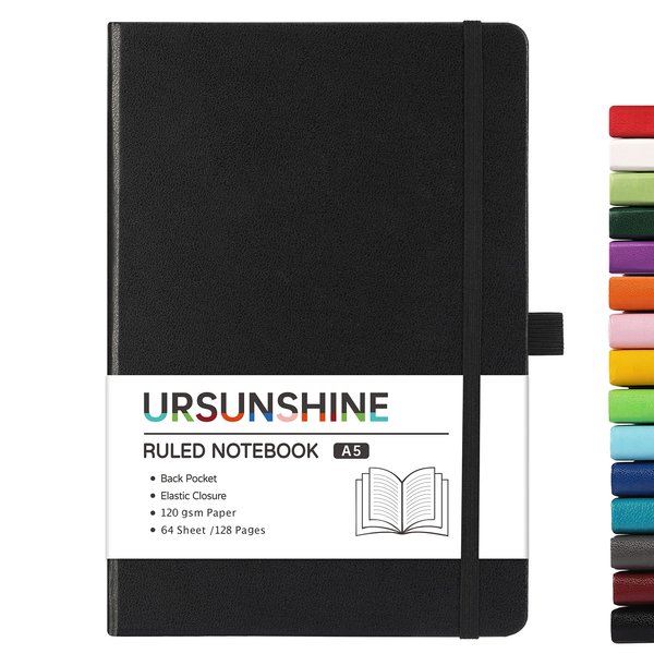 Ruled Notebook/Journal - Classic Lined Journal/Notebook, 5.3" x 8.26", Hardcover with Thick Paper, Banded + Pen Holder +Inner Pocket - Black