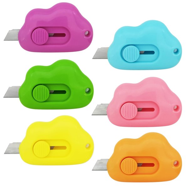 6 Pack Box Cutter Cloud Shaped Mini Utility Knives Retractable Letter Opener Envelope Slitter Package Opener Paper Cutters with Keychain Hole DIY Projects