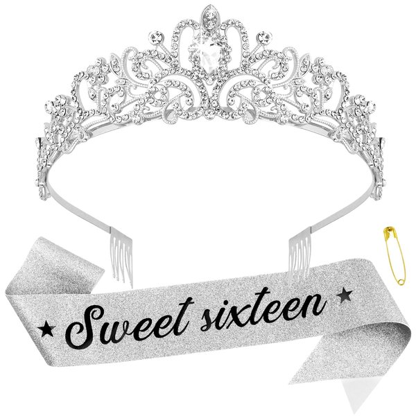 CUBACO Sweet 16 Sash and Birthday Crown for Girls,Sweet 16 Birthday tiara, 16th Birthday Decorations for Girls (Sliver)