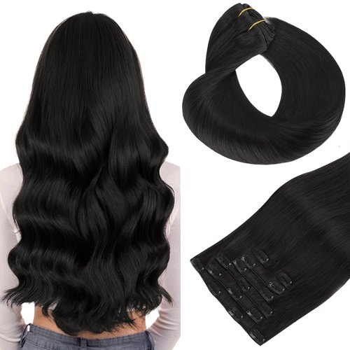 HOTBANANA Human Hair Clip in Hair Extensions, Natural Black 120g Clip in Hair Extensions Real Human Hair Straight Remy Hair Clip in Hair Extensions 24 Inch 7pcs