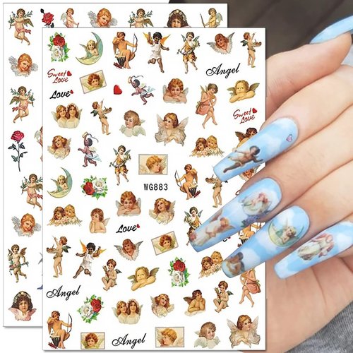 9 Sheets Angel Nail Stickers 3D Self-Adhesive Cupid Nail Art Stickers Eros Flowers Heart Nail Art Supplies Design Valentine's Day Nail Decals for Women Girls Acrylic Nails Manicure Decorations