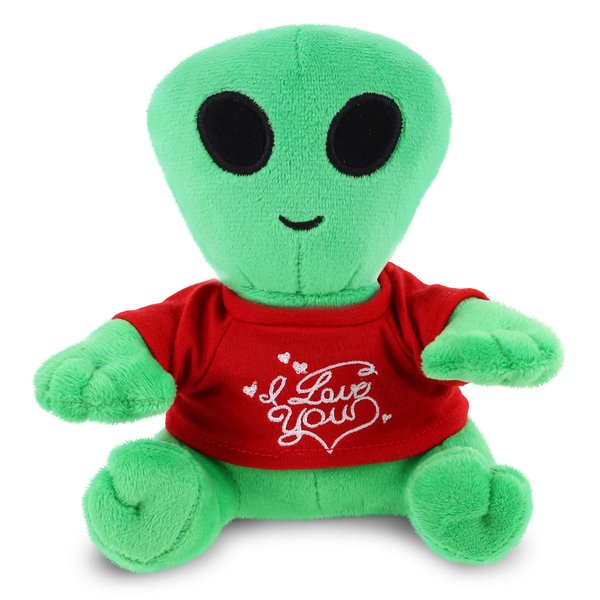 DolliBu I Love You Valentine Plush Green Alien - Cute Stuffed Animal with Red Shirt and Name Personalization Gift for Valentines Day, Birthday, Anniversary, Romantic Date - 6 Inches