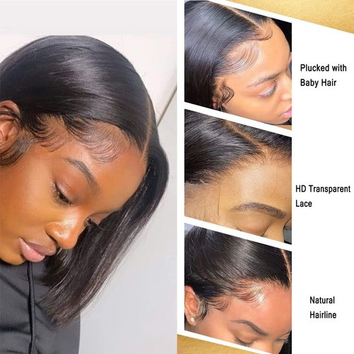 MIAORUN Straight Short Bob Wig Human Hair with Baby Hair 150% Density 13x4 HD Lace Front Wigs Human Hair for Black Women Glueless Wigs Human Hair Pre Plucked Natural Color 14 Inch