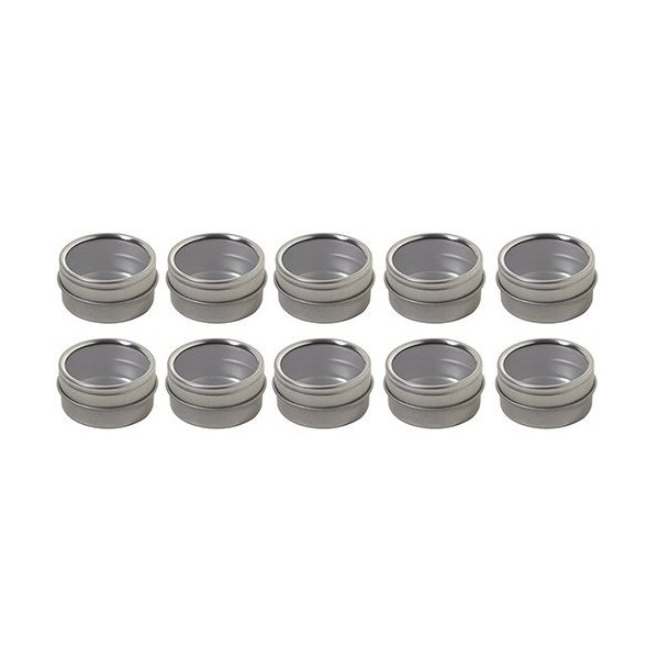 JUVITUS .25 oz Silver Metal Steel Tin Flat Container with Tight Sealed Clear Lid (10 Pack)