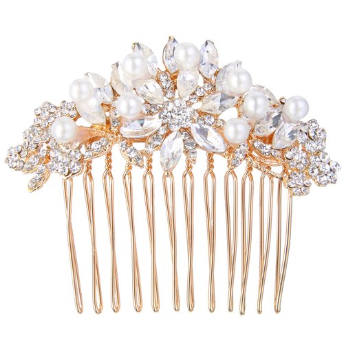 EVER FAITH Wedding Hair Piece Crystal Cream Simulated Pearl Flower Bridal Hair Comb for Bride Bridesmaids Rose Gold-Tone
