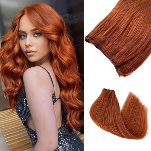 Sew in Hair Extensions Real Human Hair for Women,Red Ginger Color Weft Hair Extensions Human Hair Bundles Hand Tied Weft Hair Extensions Soft Straight Real Human Hair Extensions 100Grams