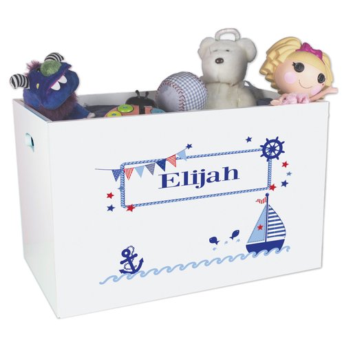 My Bambino Personalized Sail Boat Nautical Toy Box for Kids Boys Custom White Wooden Toy Storage Bin Child Safe with No Lid Playroom Nursery Decor