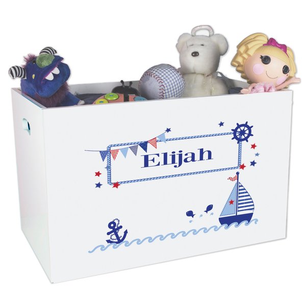 My Bambino Personalized Sail Boat Nautical Toy Box for Kids Boys Custom White Wooden Toy Storage Bin Child Safe with No Lid Playroom Nursery Decor