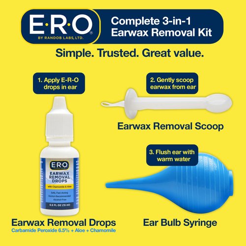 E-R-O Earwax Removal Kit for Complete Ear Care, with Carbamide Peroxide Earwax Removal Drops (0.5 fl oz), Ear Bulb Syringe and Ear Wax Removal Tool with Safety Shield