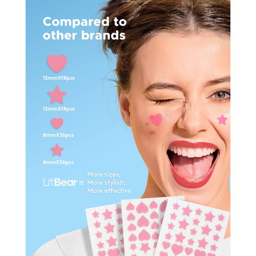 LitBear Acne Patch Pimple Patch, Pink Heart & Star Shaped Absorbing Cover Hydrocolloid Patches For Face Zit, Acne Dots, Tea Tree Oil + Centella (108 Count (Pack of 1))