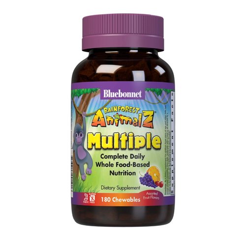 Bluebonnet Nutrition Rainforest Animalz Whole Food Based Multiple Chewable Tablet, Kids Multivitamin & Mineral, Vitamin C, D3, Iron, Gluten Free, Milk Free, Kosher, 180 Chewable Tablets, Mixed Flavor