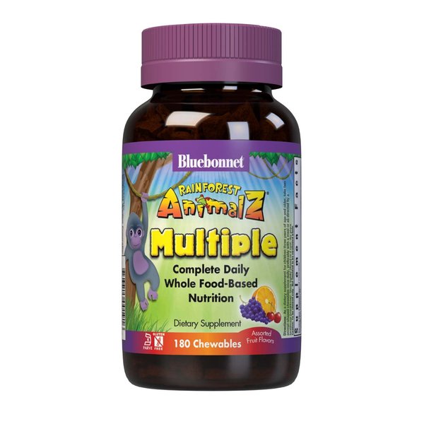 Bluebonnet Nutrition Rainforest Animalz Whole Food Based Multiple Chewable Tablet, Kids Multivitamin & Mineral, Vitamin C, D3, Iron, Gluten Free, Milk Free, Kosher, 180 Chewable Tablets, Mixed Flavor
