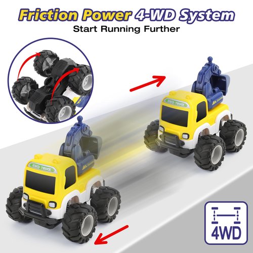 Cars Toy for 18m+ Years Old - Baby Toy Cars for Toddlers Push and Go Friction Powered Construction Truck Toys Plastic Action Vehicle Excavator Toy with Playmat Storage Bag for Kids Boys Birthday Gifts