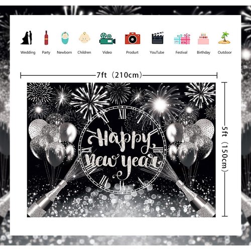 Black Silver Happy New Year Backdrop 2025 New Years Party Banner Backdrop New Years Eve Annual Countdown Party Supplies Fireworks Glitter Dots Cheers to Family Party Decor Banner (82x59 inch (7x5FT))