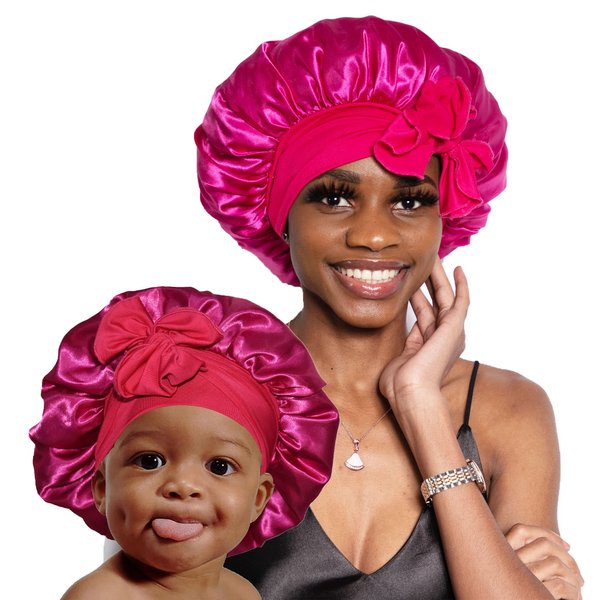 BONNET QUEEN 2Pcs Mommy and Me Bonnet Set Silk Bonnet Hair Bonnets Satin Bonnet with Tie Band Silk Hair Wrap Night Hair Caps Baby Bonnet Hot Pink