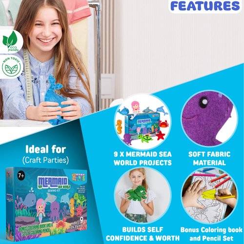 MOMOTOYS Sewing Kit for Kids, Fun & Educational Mermaid and Sealife Sew Craft Set for Boys and Girls Ages 8-12, Complete Beginner Sewing Kit with Felt Plushie for Creative DIY Projects