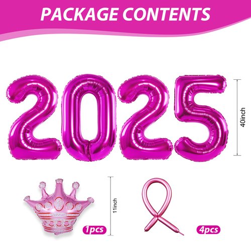 2025 Balloons Pink,40 Inch 2025 Number Balloons with Foil Crown Balloons for Happy New Year Decorations New Years Eve 2025 Graduation Decorations Class of 2025 Party Supplies