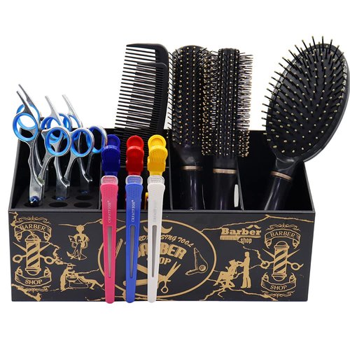 Flytreal Barber Scissor Shear Holder Box, Hair Salon Supplies Acessories Tool Station Desk Organizer Case, Combs Clips Scissors Stand Storage for Stylist Groomers Hairdressers (L-Black)