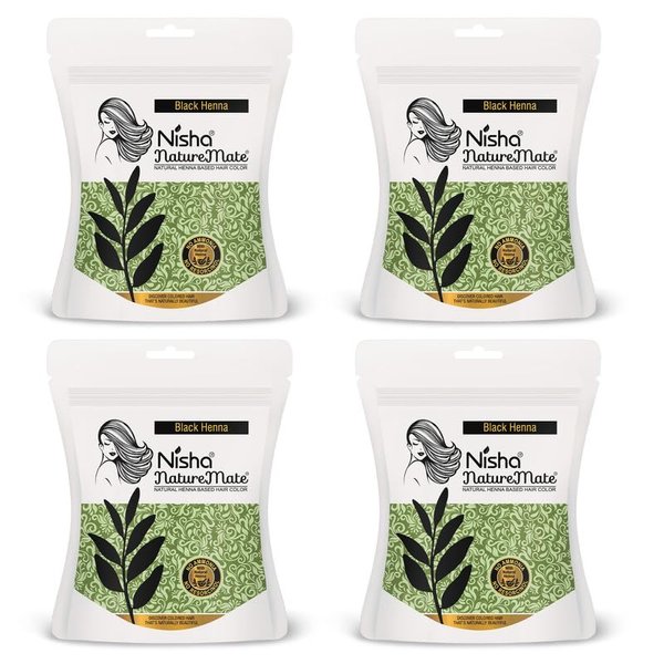 Nisha Nature Mate Henna Powder for Hair Colour, Black Henna, Permanent Hair Color, Ammonia Free, 100% Grey Coverage, Herbal Hair Dye with Amla, Shikakai, Hibiscus & Aloe Vera (45g Pack of 4)