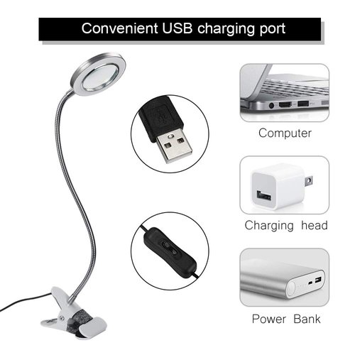 2.5X Magnifying Lamp, ATOMUS LED USB Rechargeable Tattoo Beauty Magnifier Lamp with Metal Clip for Eyebrow Tattoo Manicure Eyelash Extension Read