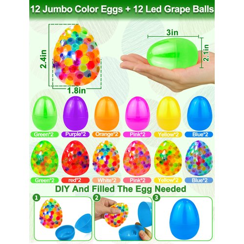 AMENON Easter Basket Stuffers 12 Easter Eggs with 12 Light Up Egg Shaped Fidget Stress Balls Squishies Squeeze Stress Relief Toys, Easter Gift for Kids Adults Surprise Egg Hunt Party Favor