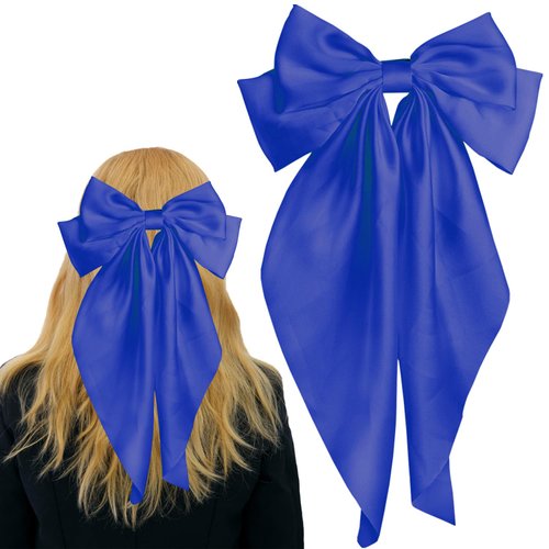Pufandor Hair Bow Silky Satin Hair Ribbons for Women, Navy Blue Bows for Girls Hair Bowknot Barrettes Long Tails with Clips Big Hair Bows Hair Accessories (Navy Blue 1pc)