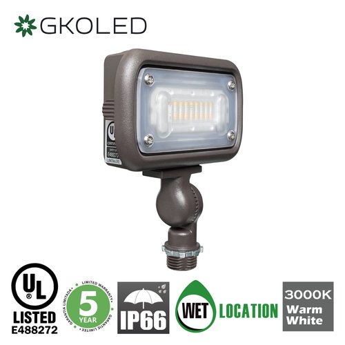 GKOLED 15W Outdoor LED Flood Security Lights, Waterproof Landscape Lighting, 50W PSMH Equivalent, 1370 Lumens, 3000K Warm White, 120-277V, 1/2" Knuckle Mount, UL-Listed