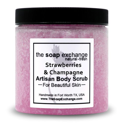 The Soap Exchange Sea Salt Body Scrub - Strawberries & Champagne Scent - Hand Crafted 8 fl oz / 240 ml Natural Artisan Skin Care, Shea Butter, Exfoliate, Moisturize, & Protect. Made in the USA.